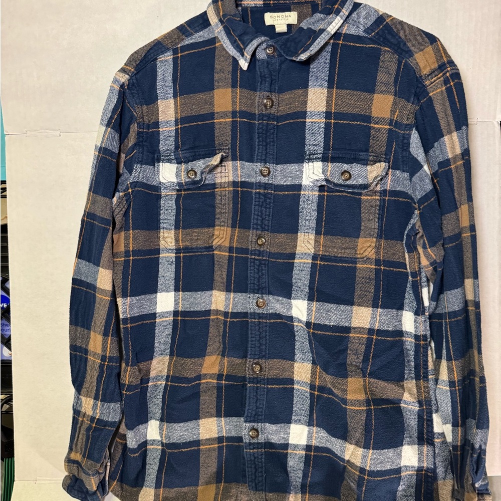 Sonoma Life + Style Plaid Flannel Shirt Men’s Small Blue Brown Button Front